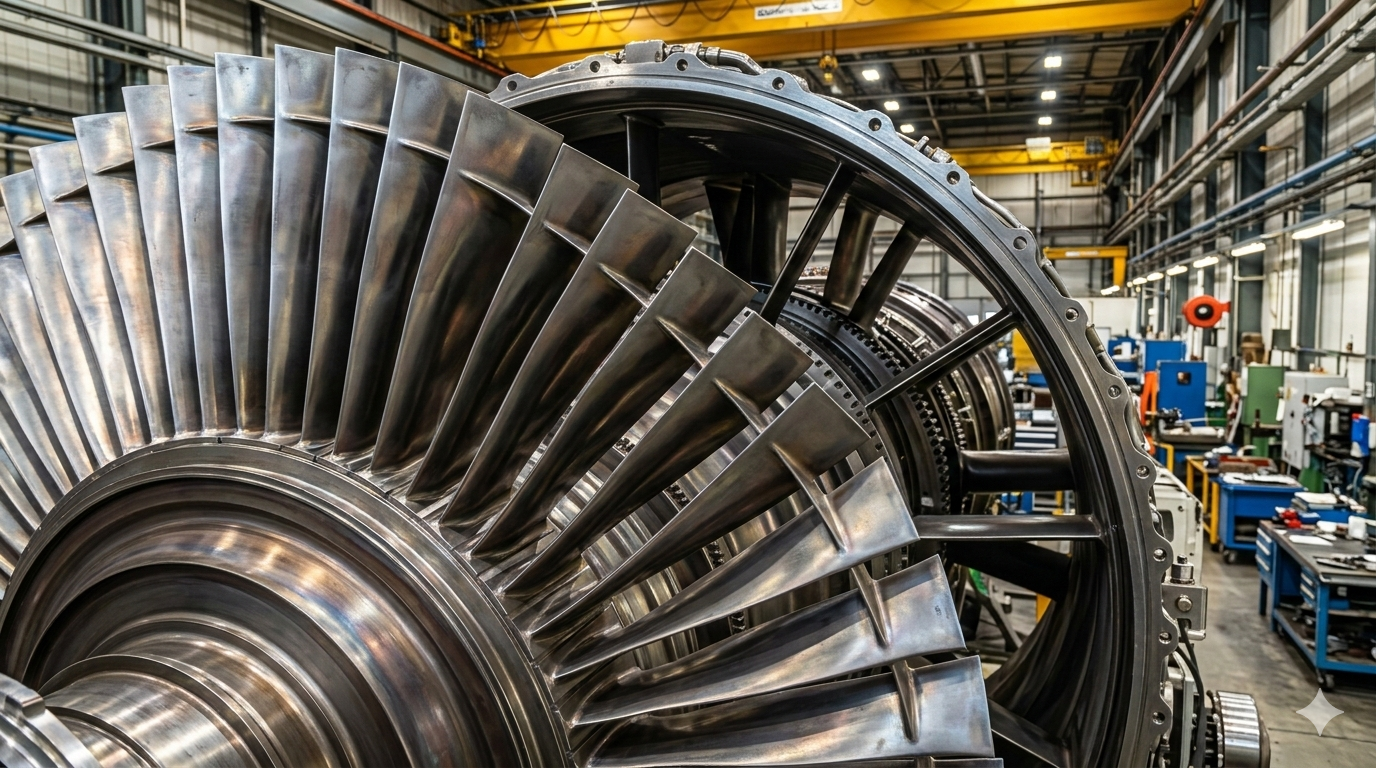 A highly detailed close-up shot of a massive metallic airplane jet engine turbine, perfect geometry, industrial setting, metallic reflections, sharp focus.